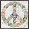 Peace symbol with motivational phrases and symbols on a textured background