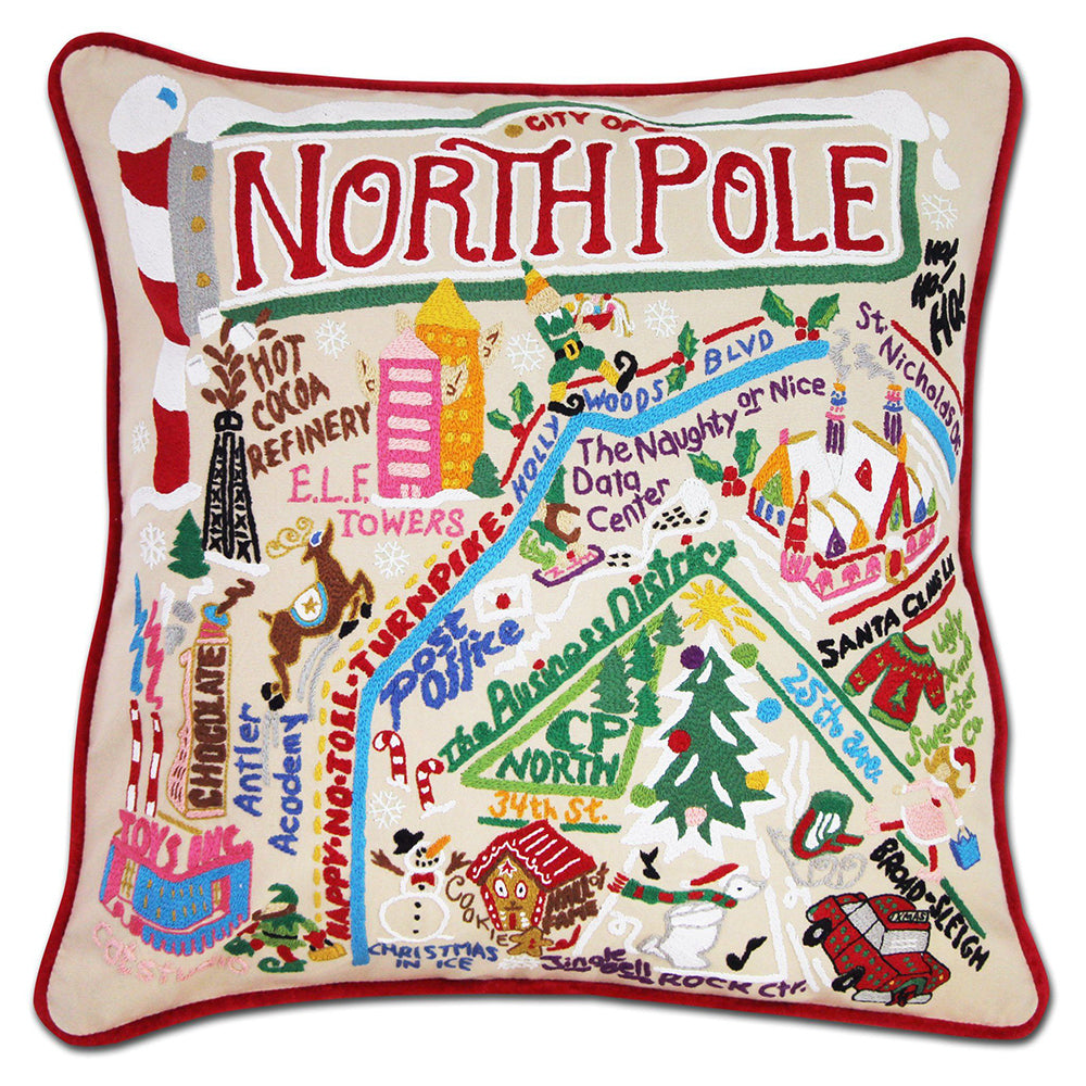 North Pole City Hand-Embroidered Pillow