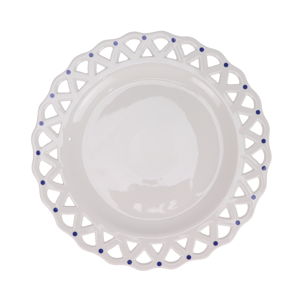 White Pierced Scalloped Charger with Blue Dots