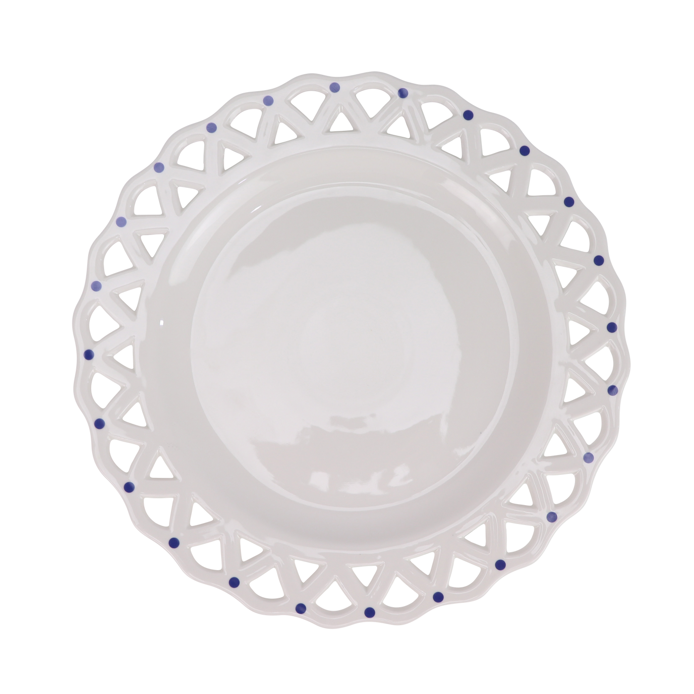 White Pierced Scalloped Charger with Blue Dots