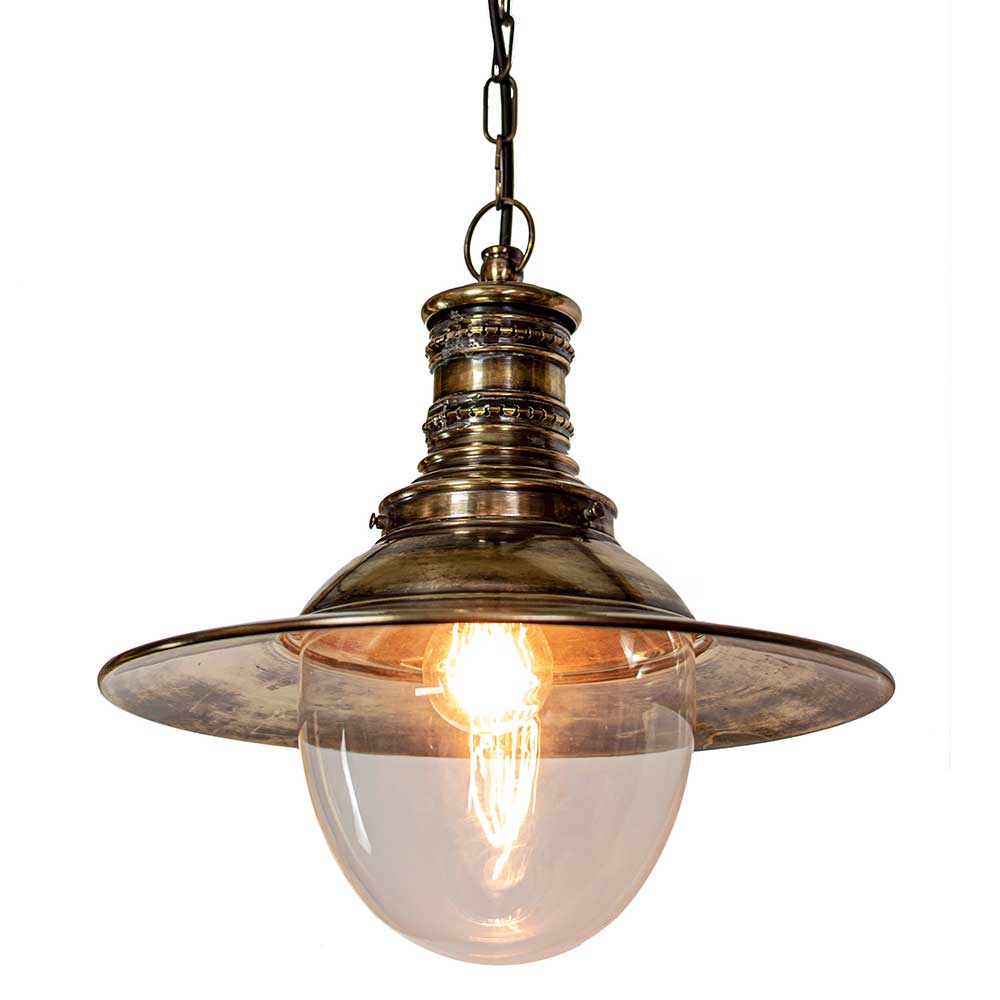 Antique brass English railway pendant light with clear glass globe