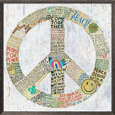 Peace symbol with motivational phrases and symbols on a textured background