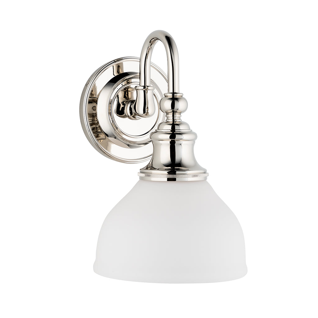 Polished nickel wall sconce with opal matte glass shade, classic bathroom vanity lighting with gooseneck arm