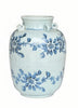 A light blue-green ceramic vase with a blue floral pattern and two loop handles on the neck, set against a plain white background.
