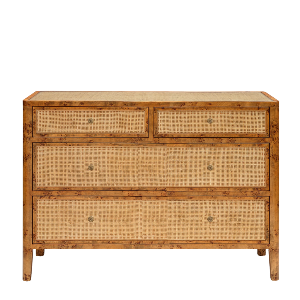 Walker Dresser in cane and woven with Dark stained poplar burl finish - traditional dresser - styled in room