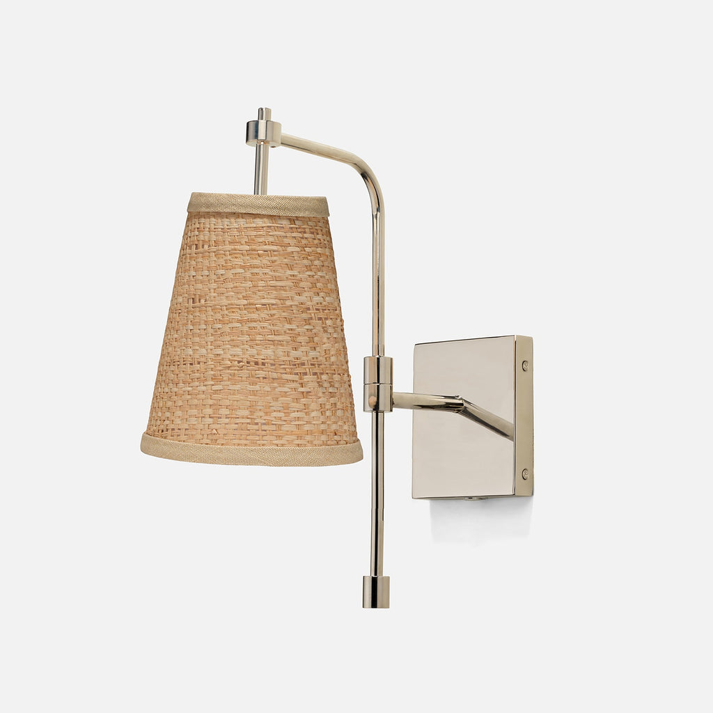 Raffia wall sconce with brushed silver swing arm and height adjustable shade, damp rated coastal bathroom vanity lighting