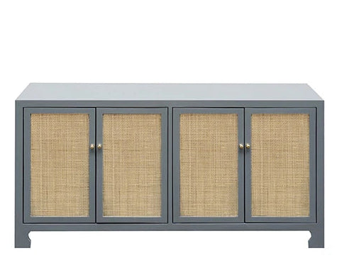 A modern sideboard cabinet with a slate gray frame and four woven cane doors, featuring small brass knobs, shown against a plain white background.
