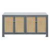 A modern sideboard cabinet with a slate gray frame and four woven cane doors, featuring small brass knobs, shown against a plain white background.