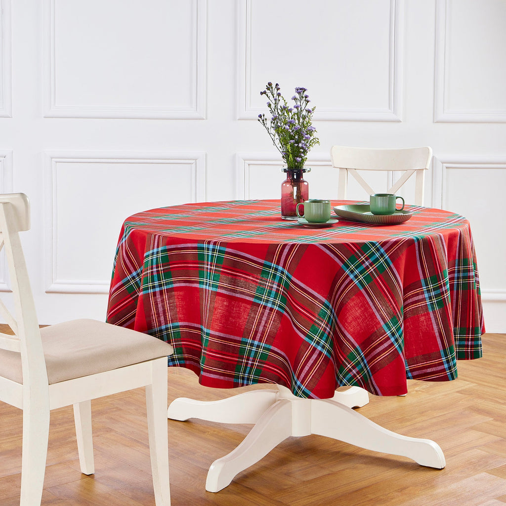 Madras Holiday Plaid Round Tablecloth
