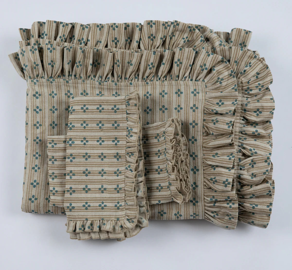 Bluebell Ruffle Block Print Table Linens