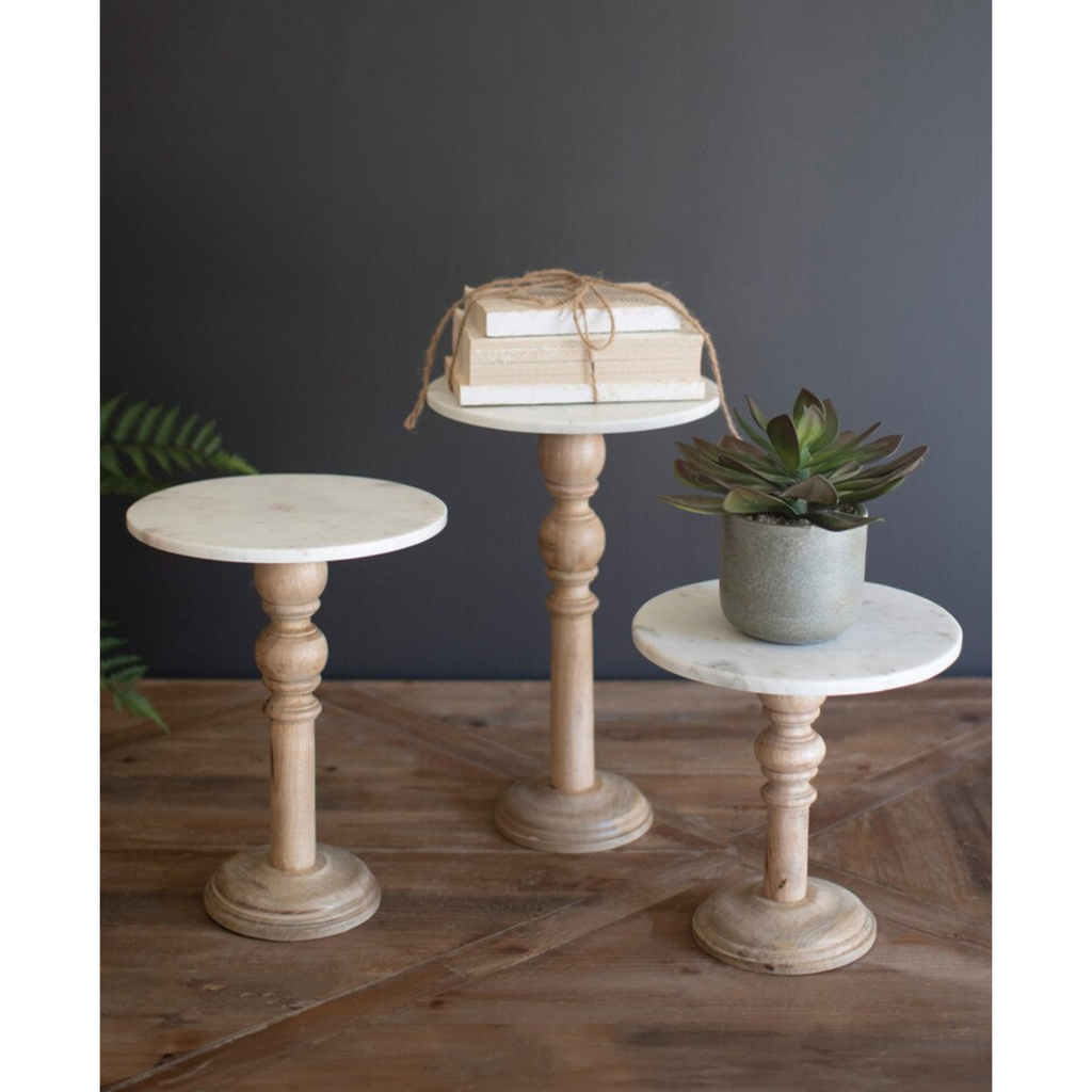 Wood & Marble Pedestal Stand Trio