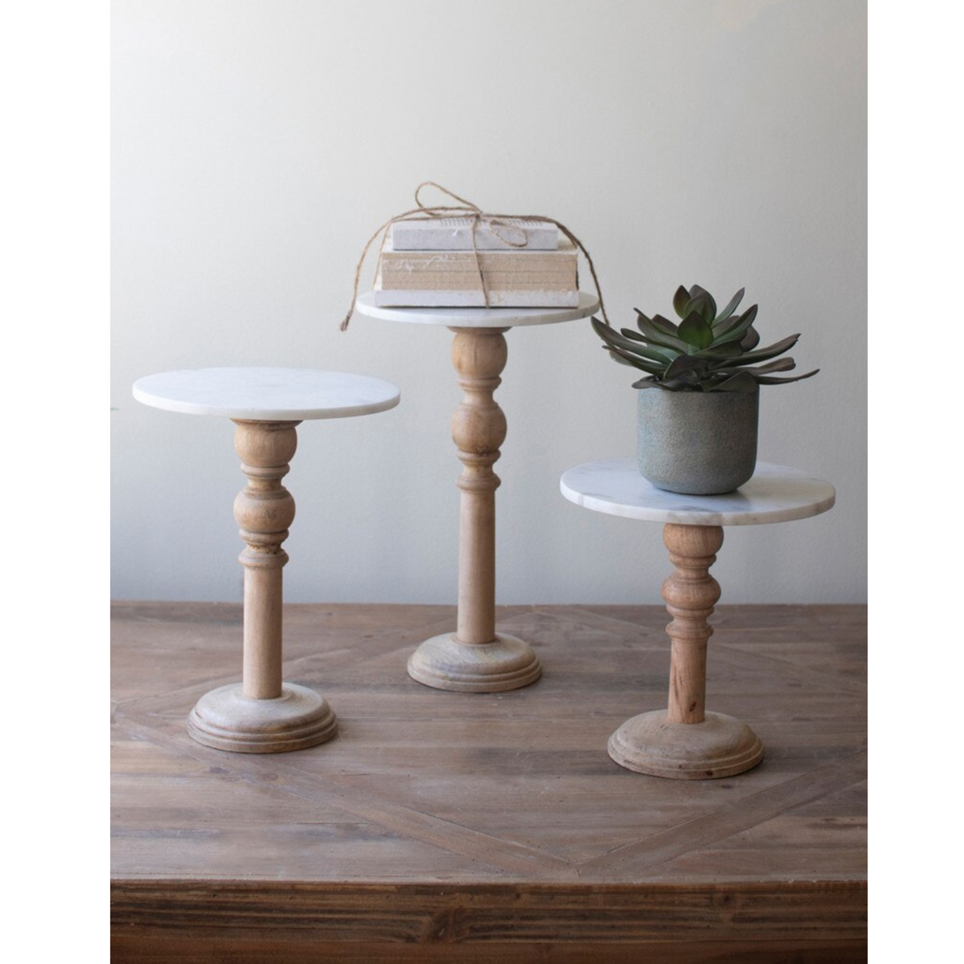 Wood & Marble Pedestal Stand Trio