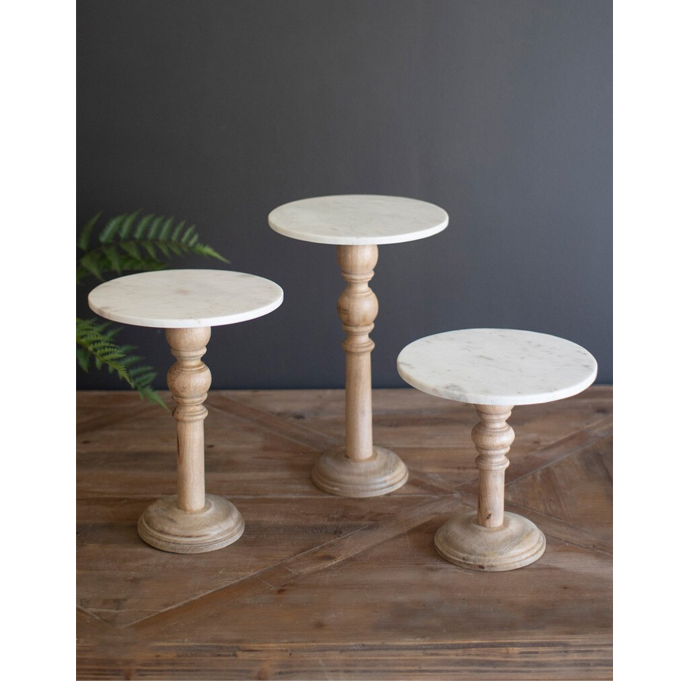 Wood & Marble Pedestal Stand Trio