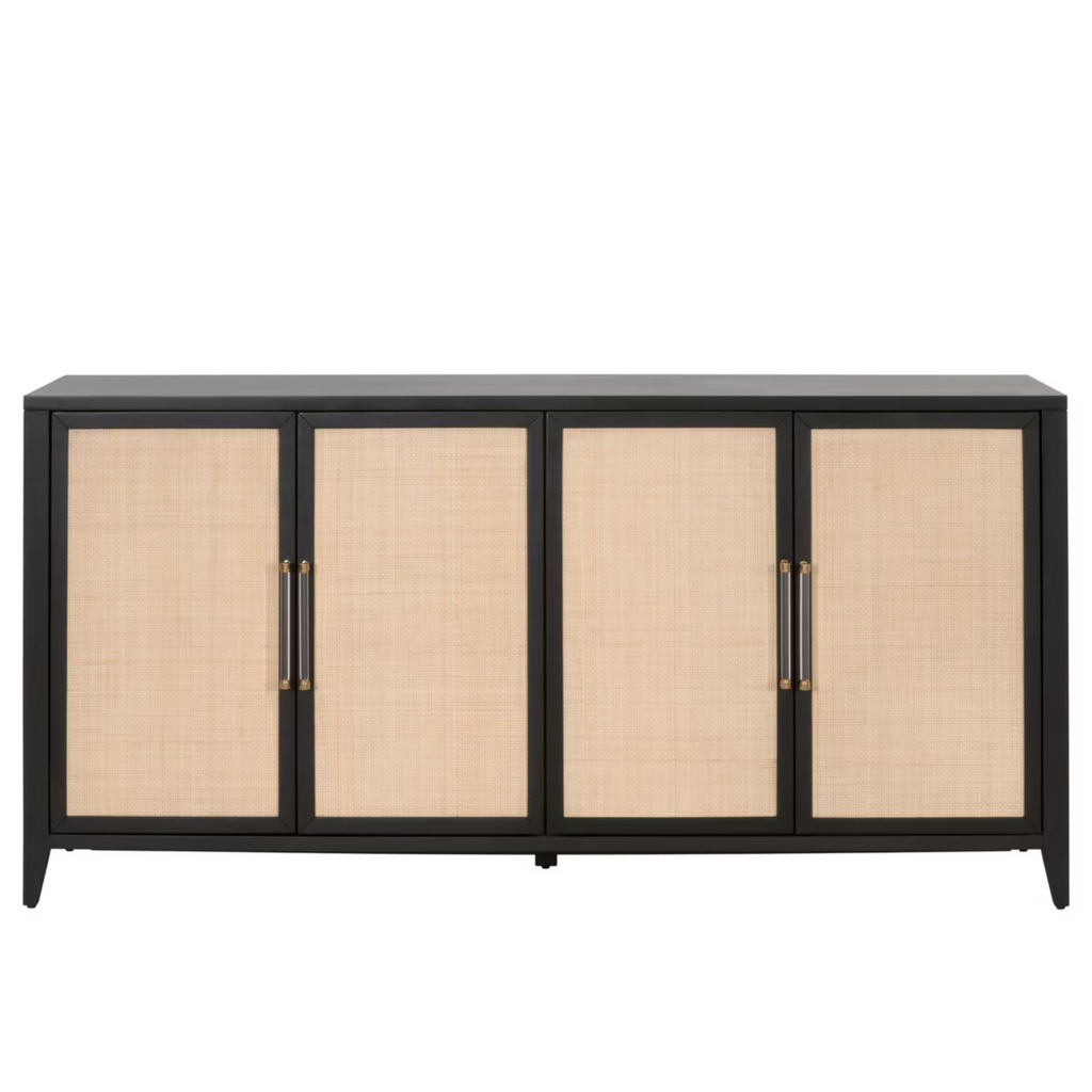 Holland Media Sideboard - Brushed Black Acacia in rattan and brass - coastal sideboard
