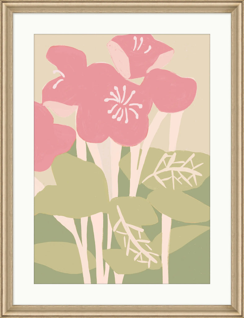 Framed botanical art print featuring stylized pink flowers and muted green leaves on a warm beige background, enclosed in a light wood frame with a white mat.