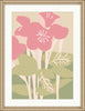 Framed botanical art print featuring stylized pink flowers and muted green leaves on a warm beige background, enclosed in a light wood frame with a white mat.