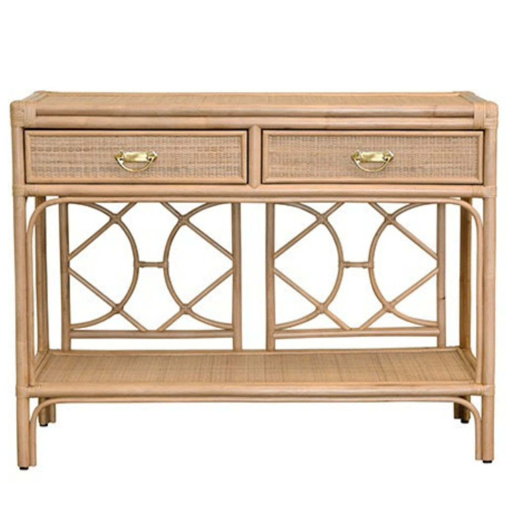 Bedford rattan console table in natural finish with two drawers and open lower shelf