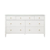 Carnegie seven drawer chest in snow white linen with brass knobs and glass top