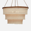 Beige layered pendant light with wooden trim on a white background