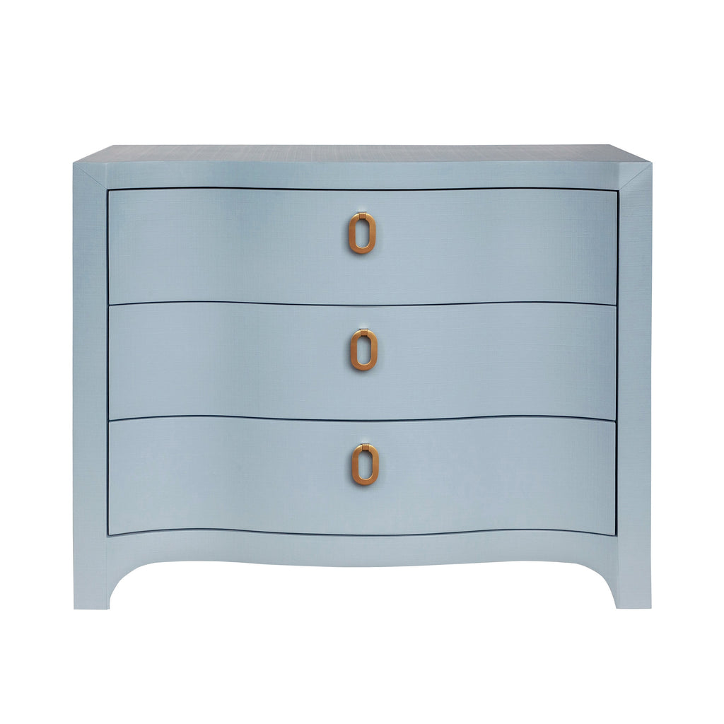 Cora curved linen chest in Harbor Mist light blue textured linen with satin brass ring pulls