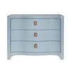 Cora curved linen chest in Harbor Mist light blue textured linen with satin brass ring pulls