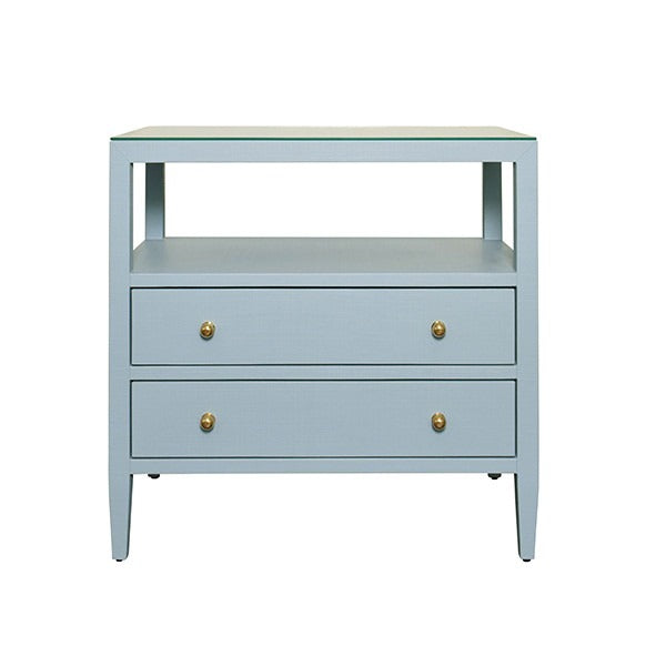 Douglas side table in Harbor Mist light blue textured finish with brass knobs and glass top