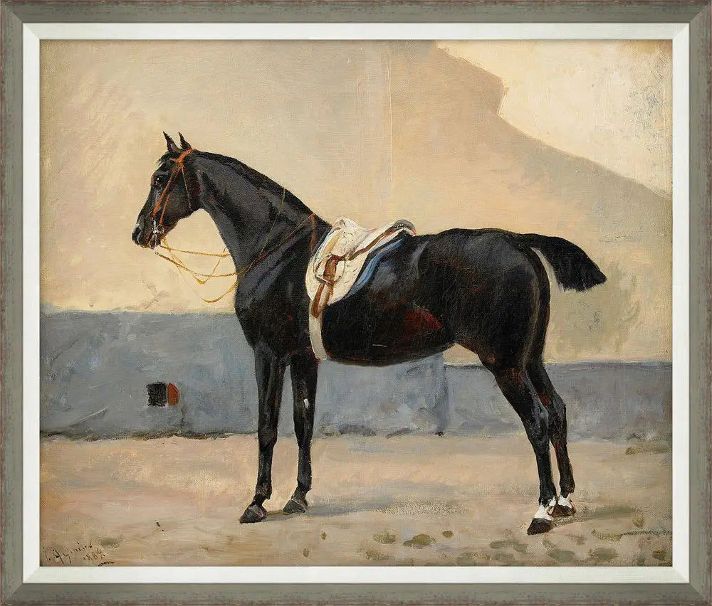 A framed vintage oil painting depicting a black horse standing in profile with a white saddle and bridle, set against a muted beige and gray background.