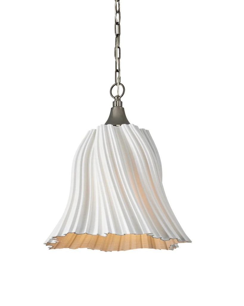 Pendant light with white ribbed shade and gold base on a white background