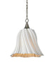 Pendant light with white ribbed shade and gold base on a white background