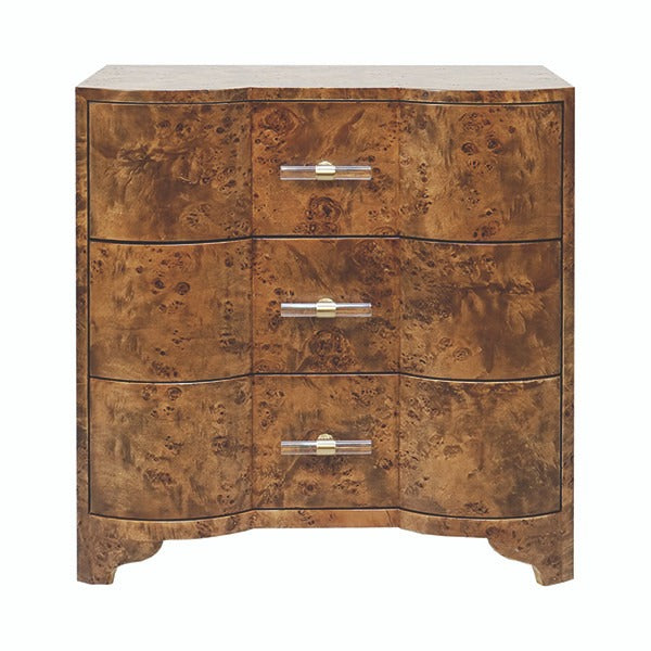 Calvin Side Table in Matte Dark Burl Wood — Serpentine Three-Drawer Side Table with Acrylic and Brass Hardware for Bedrooms and Living Rooms