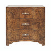 Calvin Side Table in Matte Dark Burl Wood — Serpentine Three-Drawer Side Table with Acrylic and Brass Hardware for Bedrooms and Living Rooms