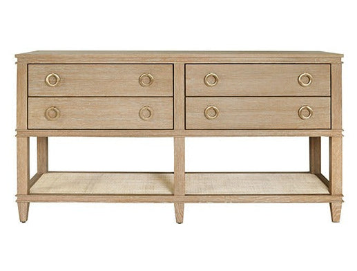 Richmond Console Table in Cerused Oak — Four-Drawer Oak Console with Open Cane Shelf and Ring Pull Hardware, Coastal Console for Entryways and Living Rooms