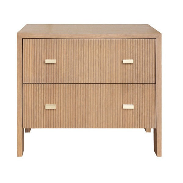 Andre Fluted Side Table in Natural Oak — Two-Drawer Oak Side Table with Fluted Detail and Brass Hardware for Bedrooms and Living Rooms