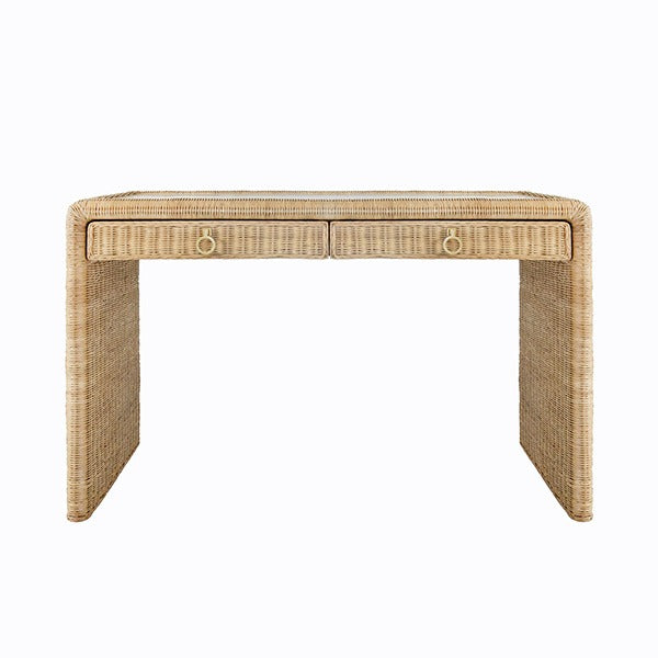 Adrien Rattan Waterfall Desk — Woven Rattan Two-Drawer Desk with Inset Glass Top and Waterfall Edge, Coastal Desk for Home Offices and Bedrooms