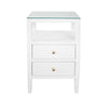 Roscoe Side Table in Natural Grasscloth — Grasscloth Bedside Table with Brass Knobs, Glass Top, and Open Shelf for Coastal Bedrooms