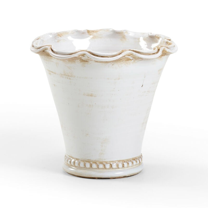 small impruneta fluted terracotta planter in aged white glaze with scalloped rim