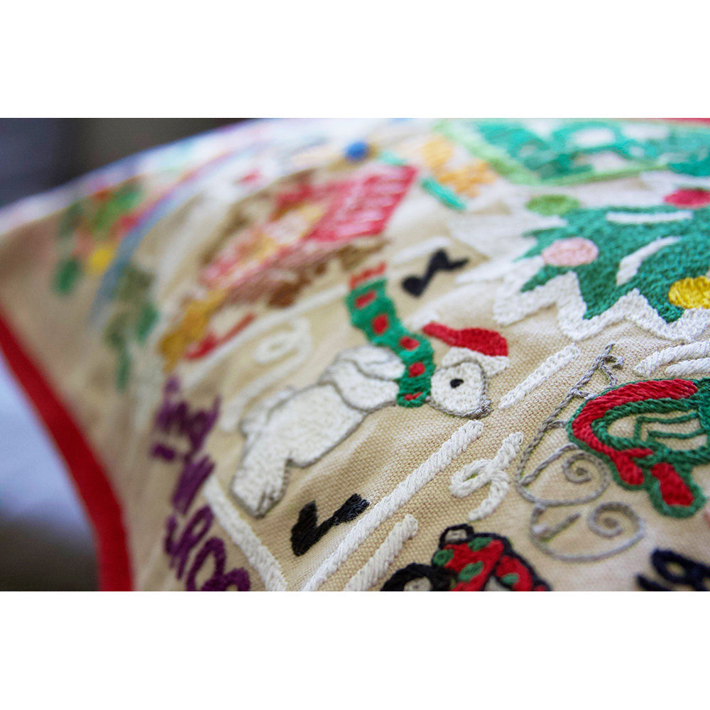 North Pole City Hand-Embroidered Pillow