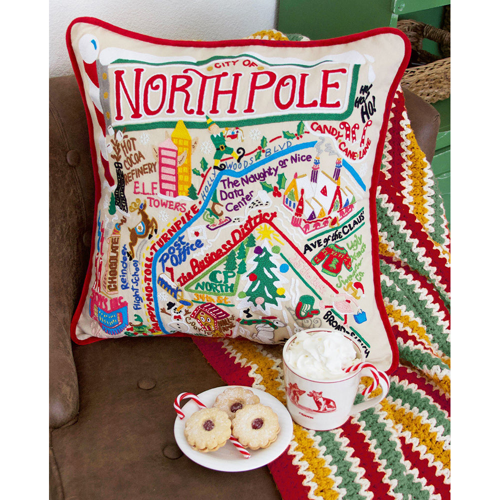 North Pole City Hand-Embroidered Pillow