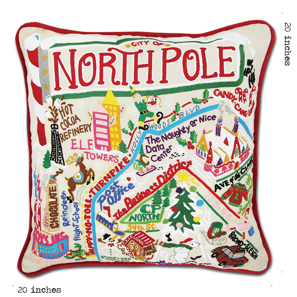 North Pole City Hand-Embroidered Pillow