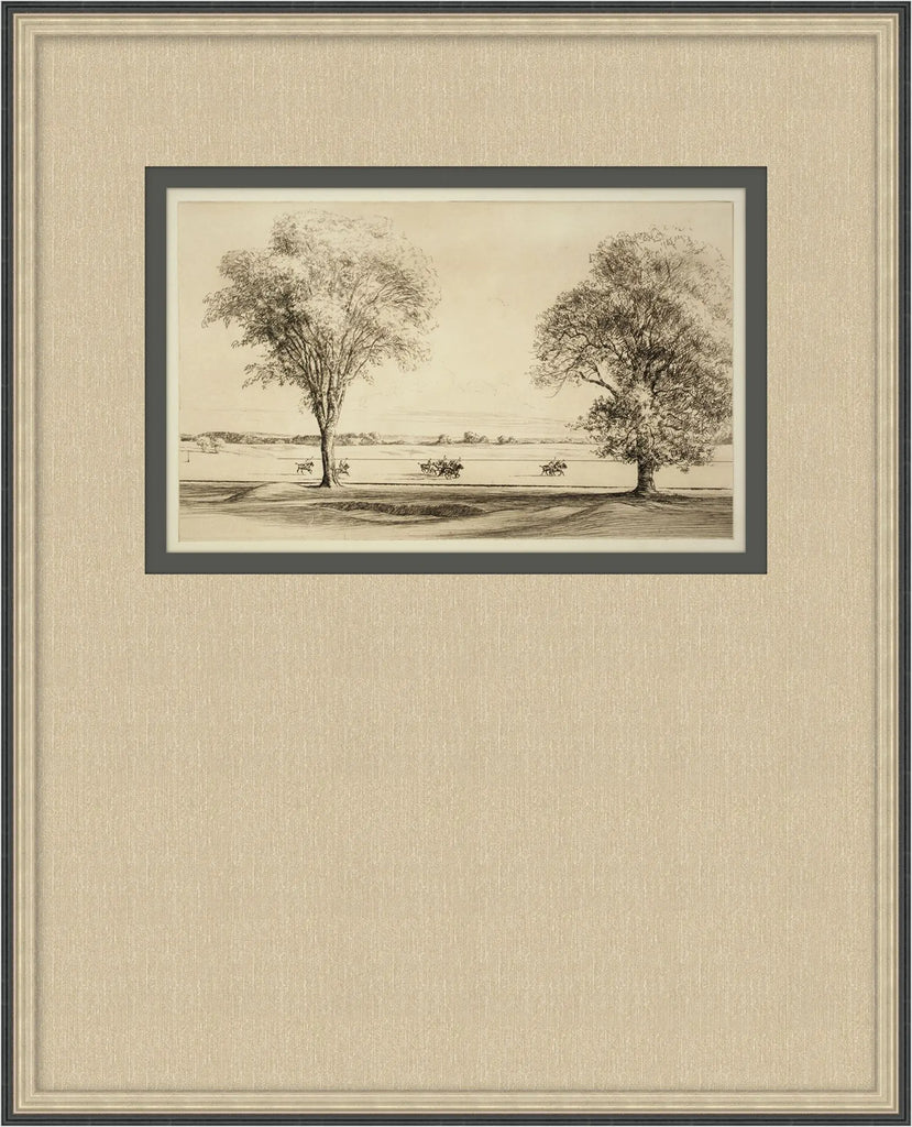 Framed vintage-style equestrian artwork with polo riders in a pastoral landscape, finished with cream and deep olive double mats.