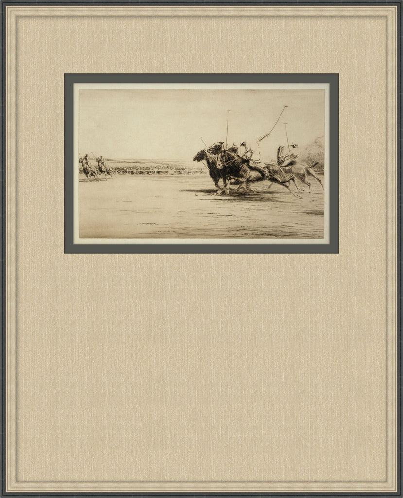 Framed black and white print of a historical scene with people and animals on a beach.