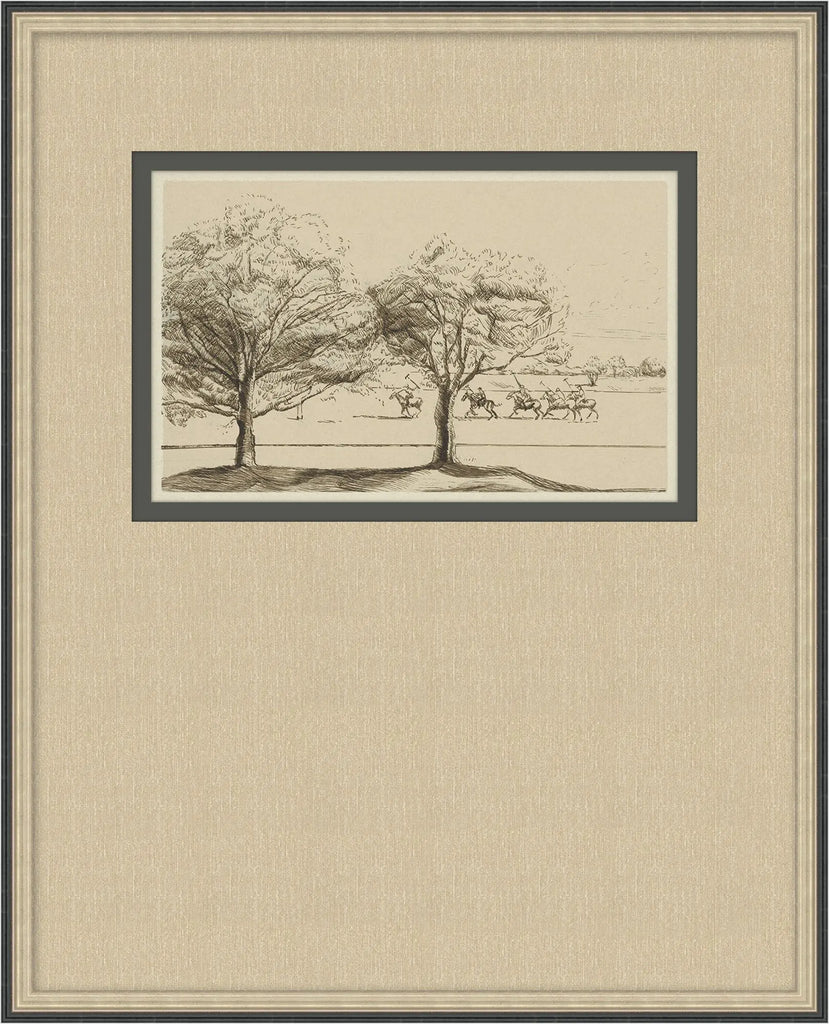Framed art print featuring a sepia-toned sketch of two trees and a distant horse rider, presented on a textured beige mat with a dark gray frame.