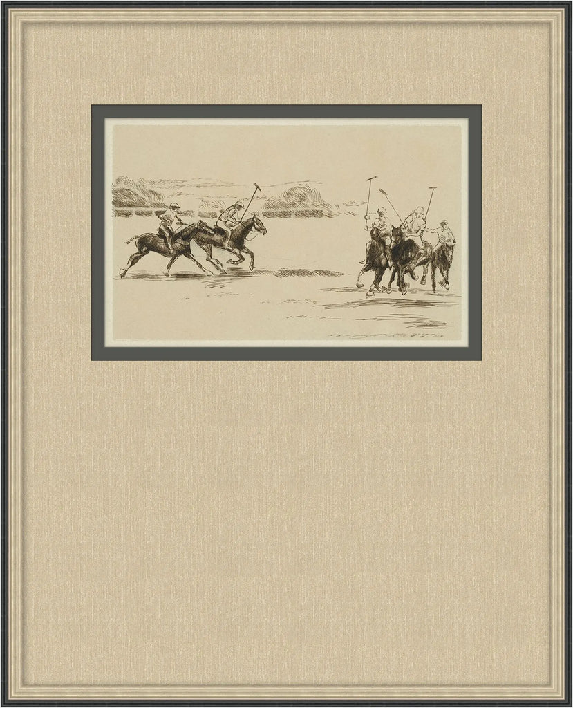 Framed art print featuring a sepia-toned sketch of horseback riders on a field, surrounded by a dark gray inner frame and a textured beige mat board.