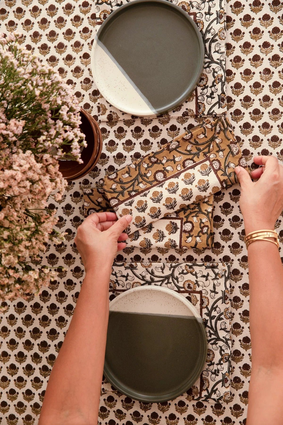Ruby Border Block Print Table Linens
