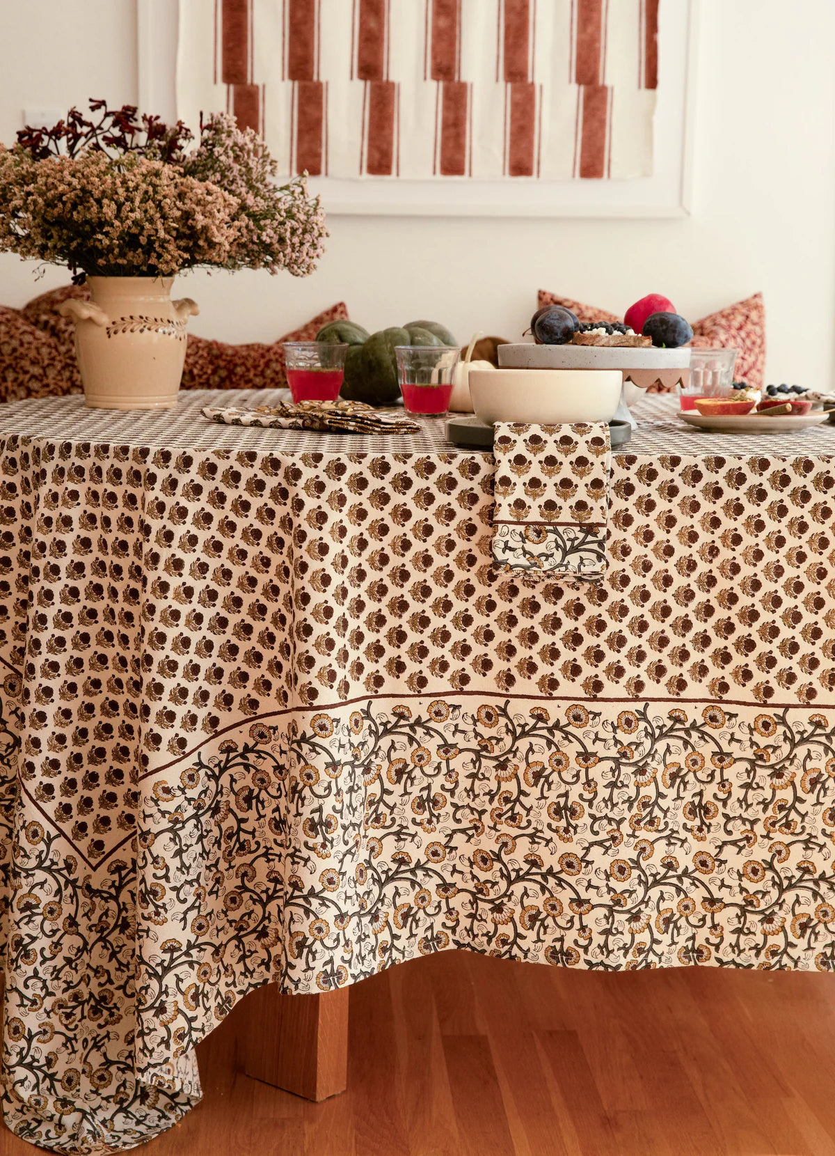 Ruby Border Block Print Table Linens