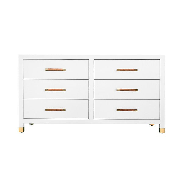 Winchester six drawer chest in matte white lacquer with rattan wrapped handles